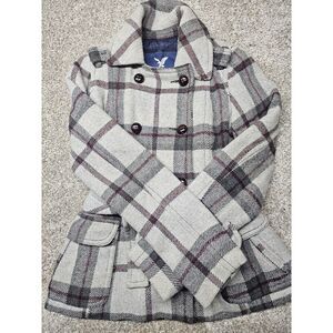 American Eagle Womens Plaid Wool Trench Coat Double Breasted Long Sleeve  Size S